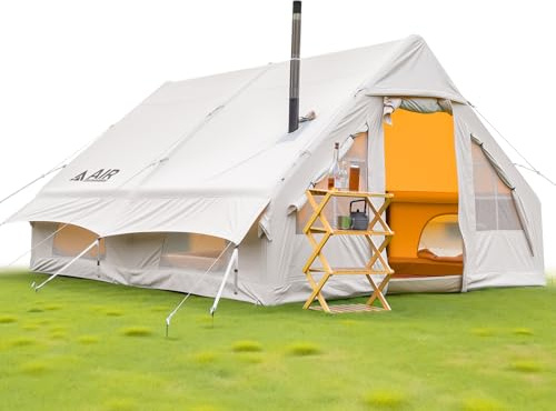 Uppblåsbart tält för 2–10 personer, uppblåsbart tält med rökutsugning, campingtält, uppblåsbart – 5 minuters konstruktion, lufttält uppblåsbart glamping med 2 stora dragkedjedörrar, familjetält