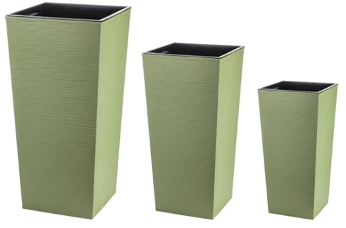 Engelland - 3er Set Pflanzkübel aus recyceltem Kunststoff & Holz, Moos-Grün, Rillenoptik, Blumentopf-Set, nachhaltig, wetterfest, für Garten, Balkon, Terrasse, Innen- und Außenbereich