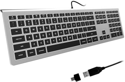 B.FRIENDIT Clavier USB filaire rétroéclairé, confortable, silencieux, touches plates chocolat/ciseaux, durable, ultra fin, pour MacBook Pro/Air, iMac, Mac mini, ordinateur portable – Gris argenté