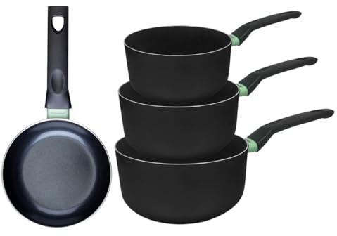 Fackelmann Batterie céramique poêle 16 cm et 3 casseroles | Cuisson sans accroche, Lot 4 pièces, Aluminium recyclé, Induction et four, 3 casseroles 16 18 20 cm, Sans PFAS, Antiadhesif