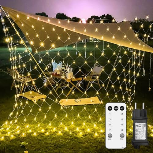 Artrastar Rete Luminosa Esterna 2x2m 144 LED Catena di Luci Esterna Con Spina IP44 Impermeabile 8 Modalità Timer Per Illuminazione Natalizia Interna Cespugli Giardino Stanza Balcone Muro Bianco Caldo