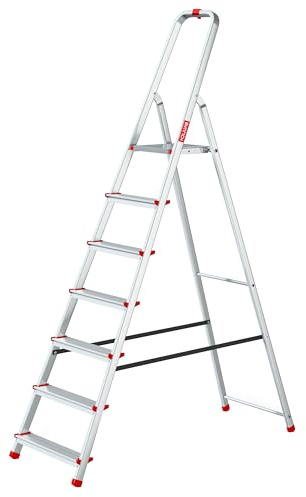 Baulich – Escabeau en Aluminium – 7 Marches, avec Crochet et 4 Embouts Antidérapants – Structure Solide et Ergonomique, Facile à Transporter – 215x50x12cm – Capacité de Charge Jusqu’à 125 kg