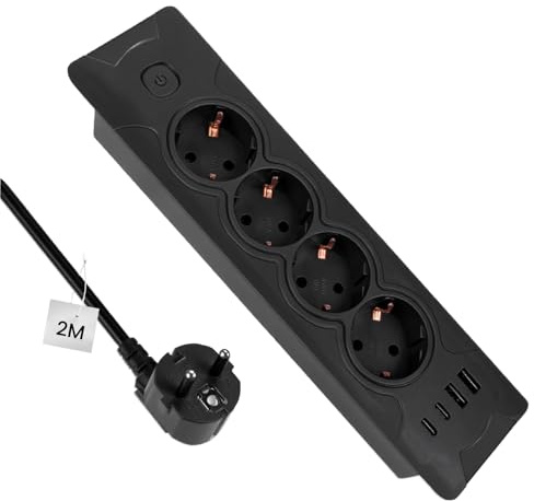 Multiprise encastrable 8 en 1 avec 4 ports USB - Multiprise escamotable pour plan de travail de cuisine et bureau - Noir