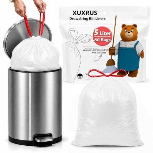 XUXRUS Bolsas de basura pequeñas de 5 litros con asas, con cordón, color blanco, grueso, resistente al desgarro, paquete de 60 unidades