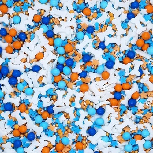 Sprinkles By Post. Blue dog cupcake sprinkles mix (50g). Blue, white and orange edible Birthday cake decorations for home baking. Puppy themed kids party cookie toppers.
