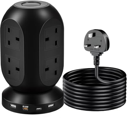 Tower Extension Lead-Power Strips with USB Ports with 8 Outlets and 2 USB Ports,2USB-C(PD20W)Power Tower Extension,Extension Cable with 6 Feet Extension Cord with Multiple Outlets for Home Office Dorm