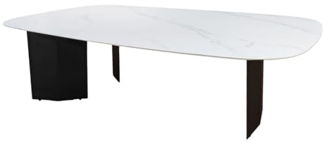 Couchtisch rechteckig L. 150 cm abgerundete Kanten aus Keramik Weiß Marmoroptik mit Metallgestell Schwarz - Modernes und elegantes Ambiente - Opaline