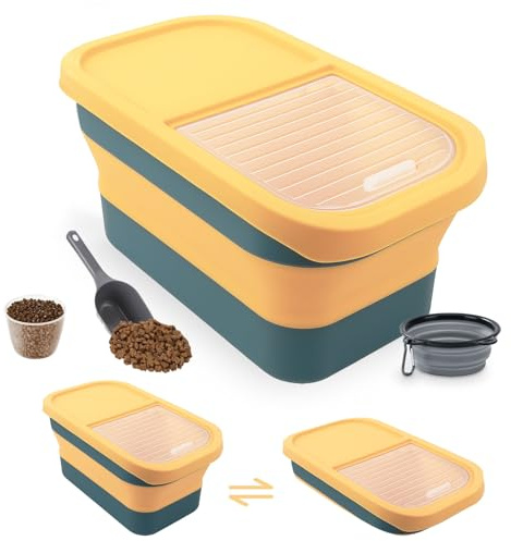 Druuzyl Hundefutter Aufbewahrungsbox 5kg - Faltbarer Futterbehälter für Trockenfutter mit Deckel, Messbecher & Löffel, Luftdicht, Haustierfutter-Container für Hund/Katze mit Faltbare Hundenapf,gelb