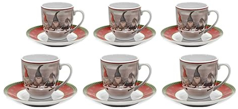 Servizio di Tazzine da Caffè con piattino completo per 6 Persone Natalizio Festa in Porcellana Gnomi Babbo Natale con cappello rosso In Scatola Regalo