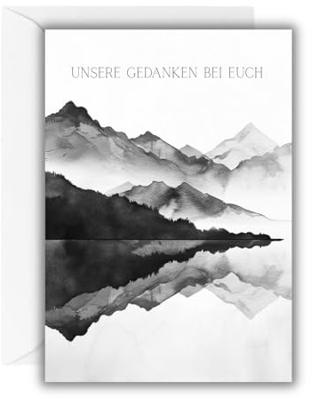 WBdesignz Beileidskarte „Unsere Gedanken bei euch mit weißem Umschlag – Trauerkarte mit Bergmotiv – Beerdigung– Stilvolle Kondolenzkarte für Mitgefühl, Anteilnahme, Trost & Erinnerung (DIN A6)