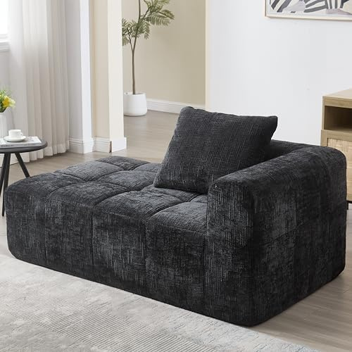 HaoChrymec Chaise-Longue in Chenille, Comoda con Cuscino e Tasche Laterali per Telefono e Telecomando, Relax Ergonomico, Soggiorno e Camera da Letto, Nero, 158x90x60cm
