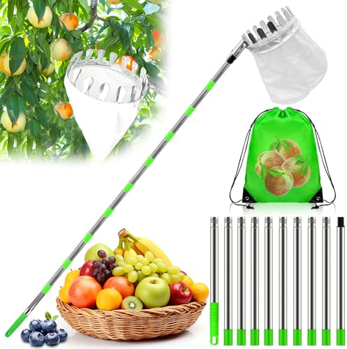 TEBOKHAD Obstpflücker Mit Teleskopstiel, Apfelpflücker Obstpflücker Für Kirschen, Edelstahl Obstsammler Mit Baumwollbeutel, Für Kirschen,Pflaumenpflücker,Fruit Picker,Obstgreifer