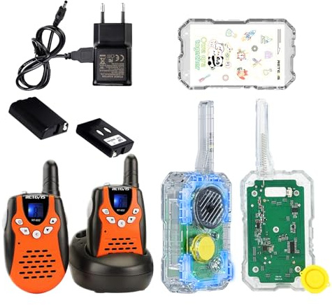 Retevis RT602 Walkie Talkie Niños Recargables con EZTalk 680 Juguete Educativo, Stem Kit de Ciencias, VOX, Walkie Talkie para Actividades, Regalos, Juego de rol, Juego de Espías (2 Par)