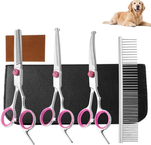 Menibeuty 4 tijeras profesionales para perros con puntas de seguridad redondas, tijeras curvas premium para perros, tijeras de entresacar, tijeras rectas de aseo y peine de aseo