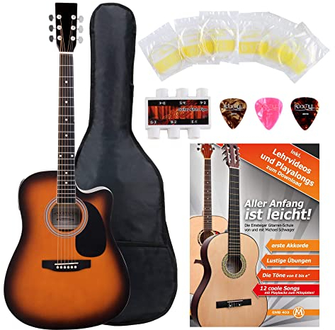 Classic Cantabile WS-10SB-CE Westerngitarre mit Tonabnehmer Starter-Set (Dreadnought-Style, Cutaway, 6 Saiten, 20 Bünde, inkl. Zubehörset, Gitarrentasche, Notenheft, Saiten, Plektren) sunburst