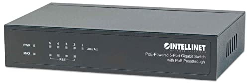 INTELLINET 561082 5-Port Switch Power over Ethernet - Gigabit PoE+ Injektor 240V, Passthrough, PoE+ Adapter mit 200m Reichweite, lüfterfrei & leise - Schwarz