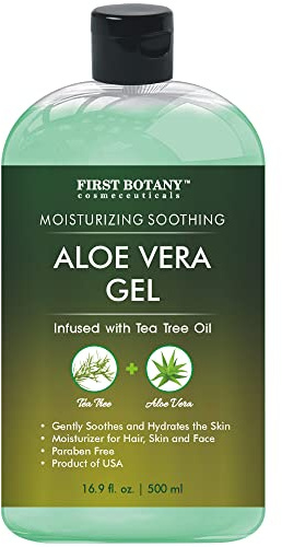 First Botany, Aloe Vera Gel from 100 Percent Pure Aloe Infused with Tea Tree Oil - Natural Raw Moisturizer for Hand Sanitizing Gel, Skin Care, Hair Care, Sunburn, Acne & Eczema -16.9 fl oz | 500 ml
