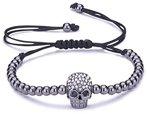 Unendlich U Fashion Schädel Totenkopf Armbänder Damen Armband Geflochten Baumwollseil Legierung Zirkonia Kugeln Beads Verstellbar Armreifen, Schwarz