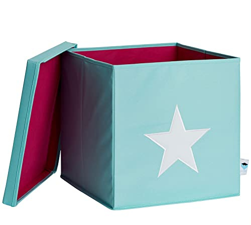 LOVE IT STORE IT - Cubo Portaoggetti Con Coperchio - In Tessuto - Pieghevole - Rinforzi In Legno - Kallax Contenitori - 33x33x33cm - Turchese Con Fantasia A Stelle in Bianca
