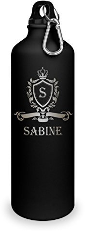 Trinkflasche mit Namen Sabine - graviert mit Wappen Monogramm, Aluminiumflasche mit Gravur, Sportflasche - matt schwarz