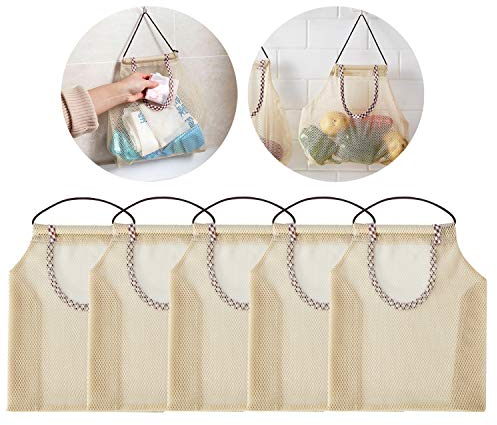 Golden Apple 5PCS Breathable Hanging Mesh Bag, Kitchen Storage Holder Bags for Potatoes, Onions, Garlics, Vegetables, Fruit