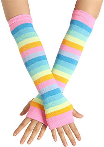 VIccoo Women Girl Knitted Over Elbow Long Arm Warmers US Flag Rainbow Stripes Patchwork Fingerless Gloves with Thumb Hole Party Costume - 5