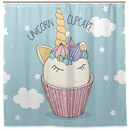 BKEOY Shower Curtain Cute Unicorn Cupcake Bath Curtain Mould Proof Resistant Waterproof Washable Polyester Fabric Curtain 72 x 72 in with 12 Curtain Hooks