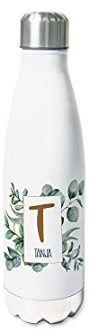 GRAZDesign Trinkflasche Edelstahl personalisiert Name, auslaufsicher Einschulung Geschenk, Thermosflasche Sportflasche Kinder/Erwachsene 500ml Eukalyptus mit Buchstaben
