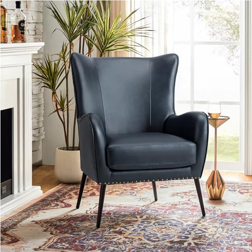 HULALA HOME Faux Leather Accent Chair with Removable Cushion, Comfy Upholstered Armchair with Black Metal Legs & Nailhead Trim Wingback Vanity Chair for Reading Living Room Bedroom, Navy