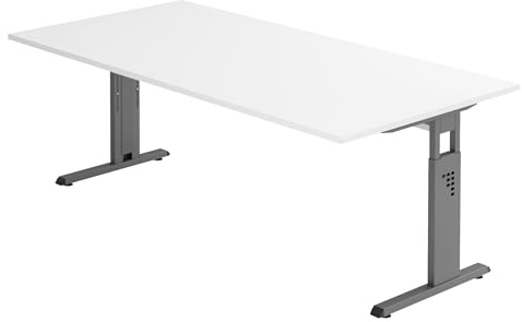 bümö höhenverstellbarer Schreibtisch O-Serie 200x100 cm in weiß, Gestell in Graphit - großer PC Tisch für's Büro manuell höhenverstellbar, Computertisch verstellbar