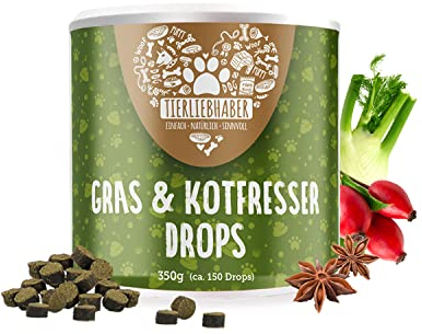 TIERLIEBHABER – Gras & Kotfresser Drops für Hunde – bei Fressen von Gras & Kot – beruhigt den Magen & reduziert Sodbrennen – Grasfresser Drops mit Heilerde, Ulmenrinde & Fenchel (350g | ca. 150 Stück)