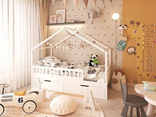 FurnitureHMD Wooden Childrens House Bed with 2 Storage Drawers, Solid Pine Wood, Protective Guardrail, Smoth Caster Wheels