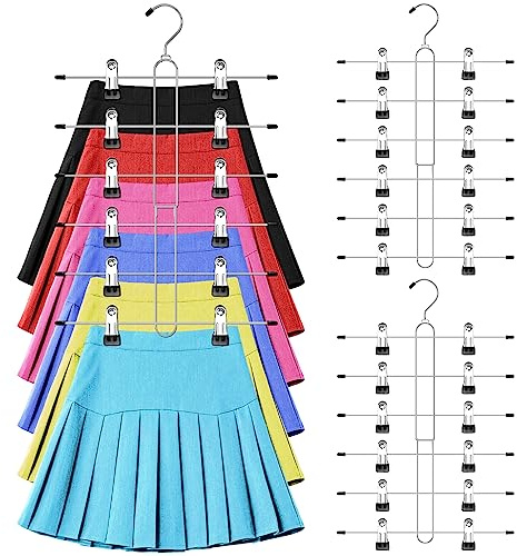 6 Tier Skirt Hangers Space Saving,2 Pack Pants Skirts Hangers with Clips for Women Closet,Non Slip Closet Organizer and Storage Multi Clothes Shorts Hanger Organization Dorm Room Essentials