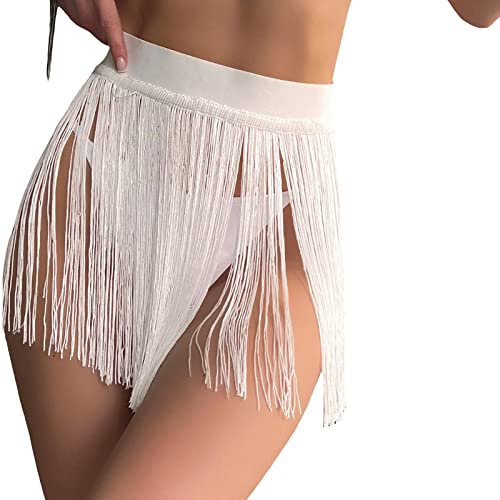 Pareo Damen Strand Wrap Badeanzug mit Fransen Verdeckung Bikini Cover Up Sommer Sarongs Hohe Taille elastisch, weiß, M