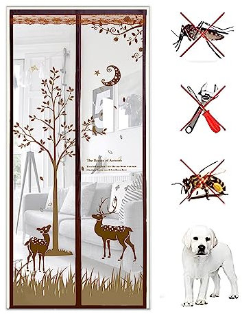 Fliegengitter Balkontür, Klettband Selbstklebend Fliegengitter Tür, Hixingo Fliegenschutz Terrassentür, Magnet Türvorhang, Fliegengitter Balkontür Ohne Bohren Einfacher Einbau (90x200cm,Hirsch Kaffee)