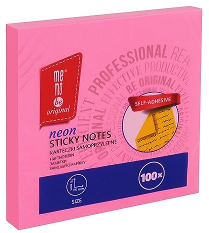 MEMOBE Självhäftande lappar – Klibbiga anteckningar – självhäftande anteckningar – Post-it-klisterlappar – återanvändbara klibbig notes – neonrosa, 7,5 x 7,5 cm, 100 stycken