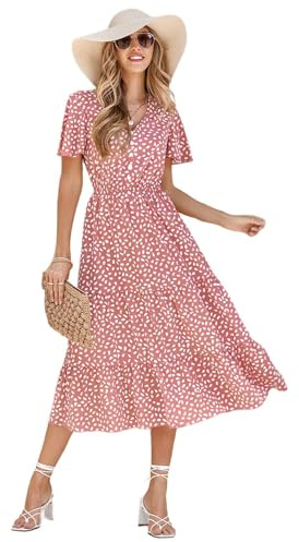 HEYPORK Damen Frühling Sommer Rock Bequem Lässig Kleider Elegant Röcke Frauen V-Ausschnitt Solide Farbe Lotus Blatt Ärmel Lässig Langes Kleid