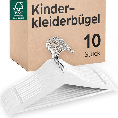 Praknu Kinderkleiderbügel Holz Weiß - 10 stück - 360° Drehbar & rutschfest mit Hosensteg - Natur FSC® Buchenholz Massiv