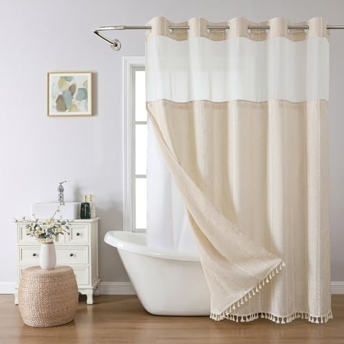 eachope Duschvorhang-Set ohne Haken, extra lang, mit Einrastfutter, Leinenstruktur, dick, gestreifter Stoff mit Quasten, Boho-Chic, moderner Bauernhaus-Badezimmervorhang, wasserabweisend, Creme/Beige,