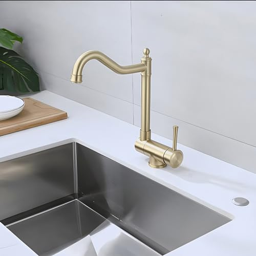 XJTNLB Vorfenster Küchenarmatur Retro Spültischarmatur Küche Vorfenster Wasserhahn Küche Kippbar Wasserhahn Schwenkbar-Gebürstetes Gold