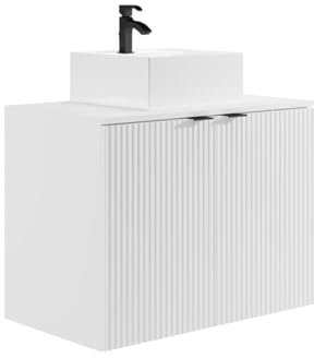 Vente-unique-Mobile per bagno sospeso con scanalature e lavabo da appoggio 80 cm Bianco - PARMIZA