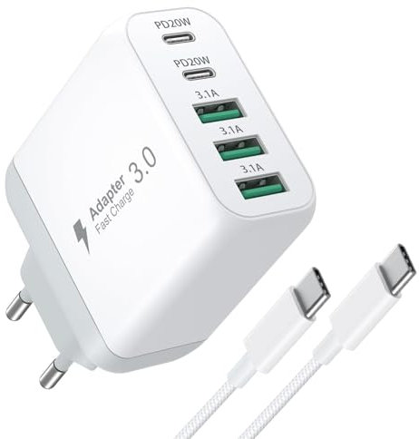 Caricatore 55W 5 Porte USB C PD 3.0 - 3 USB A e 2 USB C, Adattatore Tipo C, Presa Multipla con Cavo 2m per iPhone Samsung