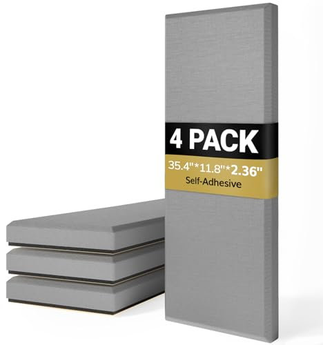 TONOR 4 Stück große Fiberglas Akustikpaneele selbstklebend, 90 x 30 x 5.2 cm Schalldämmung Wandpolster selbstklebend, Dekorative Echoabsorbierende Wandplatte, für Studio, Wohnzimmer, Haus, Büro, Grau