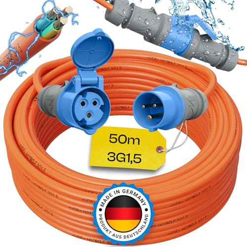 maxgo Camping Stromkabel 50m Wohnwagen Kabel Wohnmobil CEE Stecker Verlängerungskabel Orange 3x1,5 Campingkabel 50 Meter Strom Verlängerung H07BQ-F PUR Outdoor Mennekes