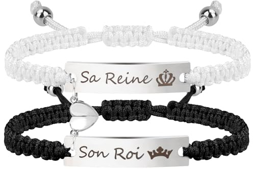 Tukeoo 2PCS Idee Cadeau Saint Valentin Femme Homme, Cadeau St Valentin Bracelet Personalisés, Bracelet Réglable en Cordon Tressé Acier Inoxydable pour St Valentin, Noel, Anniversaire