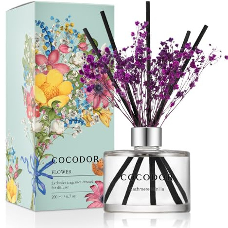 COCODOR Flower Reed Diffuser set / 6.7oz / Cashmere Vanilla/Scent Diffuser with Sticks Home Fragrance Reed Diffuser for Bathroom Shelf Decor