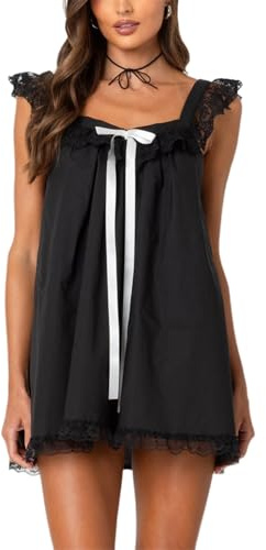 SANSIWU Women's Lace Mini Dress Bowknot Flying Sleeve Backless Short Dress A-line Casual Dress Summer Beach Club Streetwear (A-Black, XL)