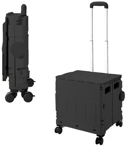 50L Schnell Faltbarer Einkaufstrolley mit Deckel, 4 x 360° Rollen, Hartschale, Verstellbarer Teleskopgriff, Ziehwagen für Einkauf, Markt & Camping, Stabil, Leicht, Montagefrei - Schwarz