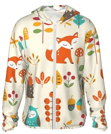 Motivo Autunnale con Gufo, Volpe, Scoiattolo, Uccelli, Stampa Animalier,Giacca con Cappuccio con Protezione Solare, Leggera, a Maniche Lunghe, per Esterni,3XL