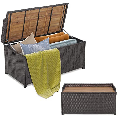 COSTWAY 170L Garden Storage Box, 3-in-1 Rattan Deck Box Container with Acacia Wood Top Lid, Zippered Liner & Solid Gas Struts, Outdoor Patio Storage Bench Table for Cushion Tool Toy
